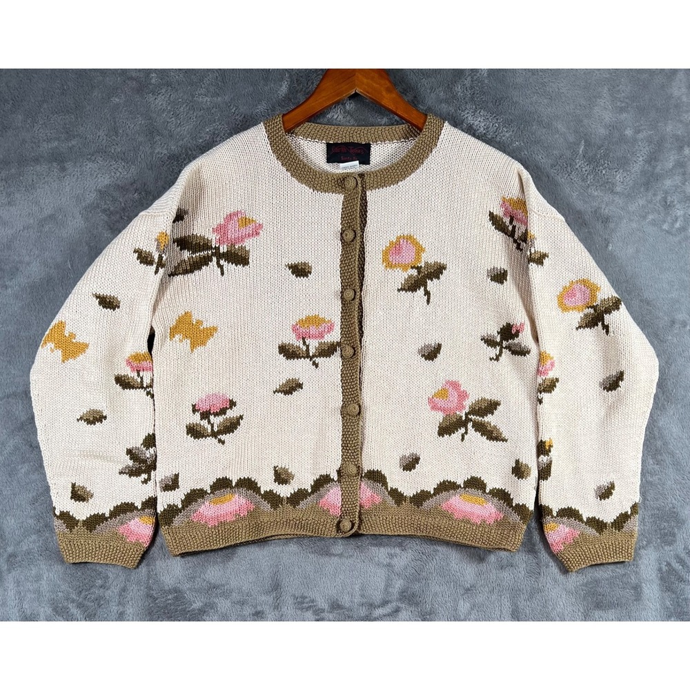 Earth Tones Santa Fe Sweater Womens XL Floral Cardigan Cotton Hand Made in Peru